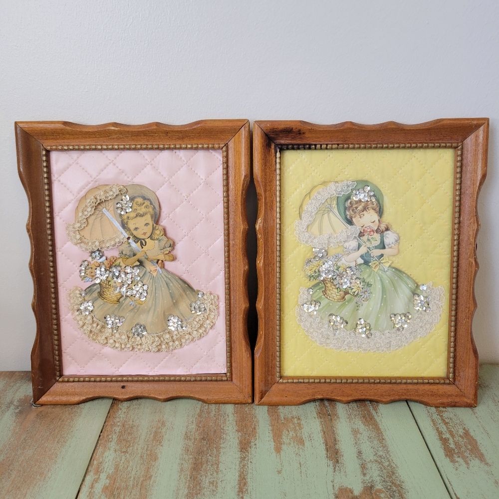 Vintage Quilted Parasol Girls Wall Plaques • Pair • Lace & Rhinestone
